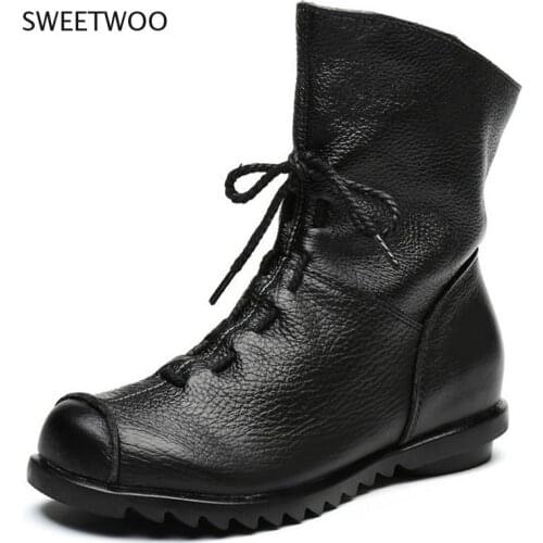 Genuine Leather Plush Womens Short Boots Retro Casual Autumn Winter Womens Boots Waterproof Leather Warm Snow Boots
