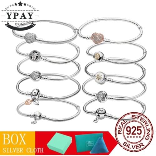 100% Original 925 Sterling Silver Snake Chain Bracelet for Women Shining Crown O Fit Charm Beads Clips Fashion Jewelry Gift