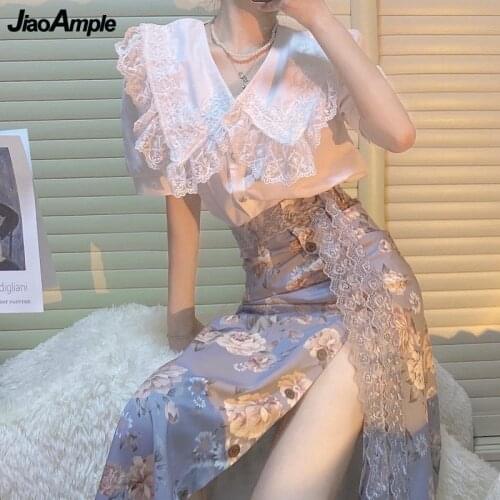 2021 Summer Women Lace 2 Pcs Set Office Lady Graceful White Short Sleeve Shirts+print Split High Waist Skirts Suit Streetwear