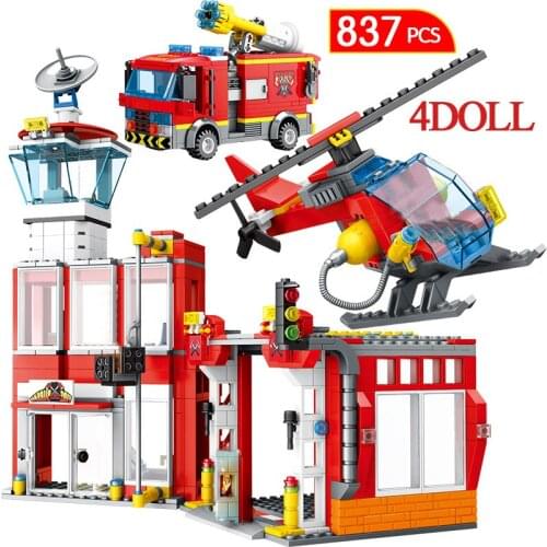 837pcs City Station DIY Building Blocks Sets Compatible City Fire Rescue Fire Truck Helicopter Bricks Toys for Boys