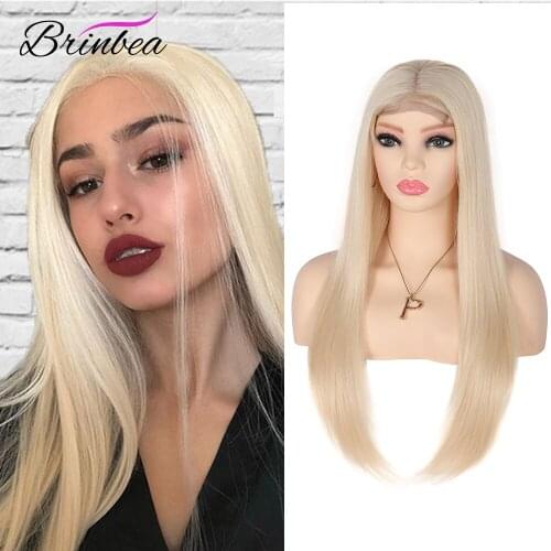 Brinbea Long Synthetic Straight Blonde Hair 4"*4" Front Lace Wig 24 Inches Fake Scalp Women Middle Parted Natural Fiber Hair