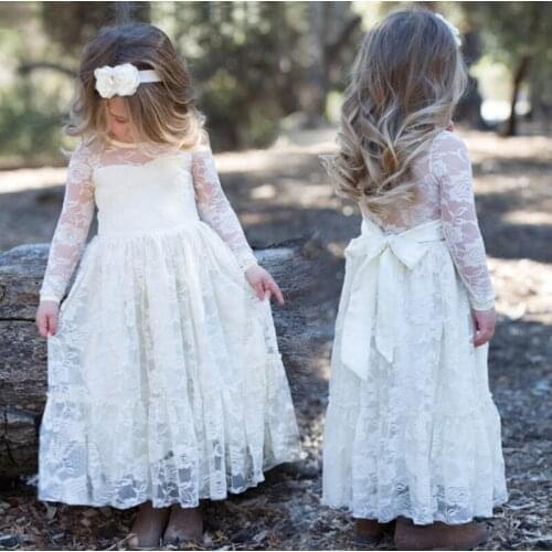 Kids Girls Lace Maxi Dress Long Sleeve Floral Bow Dress Wedding Birthday Party Frocks Long Navy White Beige For 2-13Years GD157