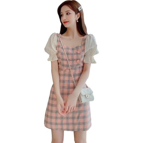 Elegant Summer Pink Sweet Short Plaid Button Splice A-line Slim Fashion Casual Dress Women Dresses 6228