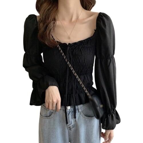 Liva Girl Female Tshirt Korean Square Collar Top Stitching Slimming Bubble Long-Sleeved Short Camiseta Mujer Vetements Femmes