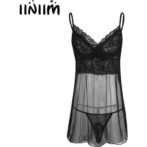 Iiniim Mens Lingerie Exotic Sets Sheer Sissy Lace Mesh Babydolls Mini Dress with G-string Underwear Gay Jockstraps Sleepwear