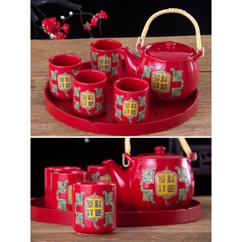 Chinese tradition dragon and phoenix red ceramic wedding ceremony teaware set tea cup pot teapot teacup marriage gift