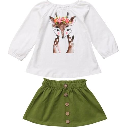 2018 Newly Autumn Pretty Cute Infant Baby Girls Sets 2PCS Long Sleeve Cartoon Deer Print White Sweatshirt Tops+A-Line Skirts
