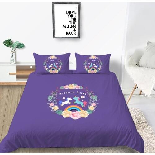 Wreath Bedding Set Unicorn Cartoon Cute Fashionable 3D Duvet Cover Purple King Queen Twin Full Single Double Soft Bed Set