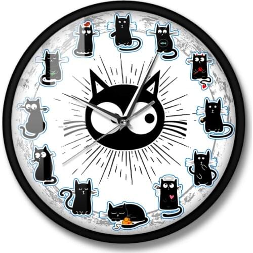 Kittens Wall Art Silent Clock Black Cats Joy Style Wall Cloc Cartoon Cats Kid Room Nursery Decorative Wall Clock Cat Lover Gift