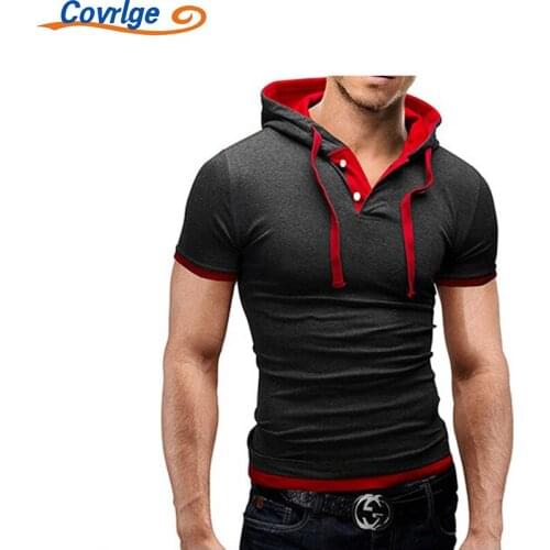 Covrlge Mens Short-sleeved T-shirt Large Size Hood Contrast Color Hedging Multicolor Cotton Comfort Leisure Clothing MTS717