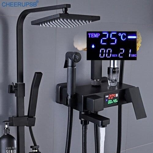 Wall Mounted Shower Set Intelligent Digital Display Thermostatic Faucet Rainfall Smart Bath Tap Bathroom Luxury Full Kit Showers