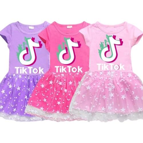 TIK TOK New Baby Girl Summer Princess Dress Girls Cartoon Printing Short-sleeve Mesh Dresses Children Party Clothes