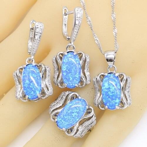 New Blue Opal 925 Silver Jewelry Sets For Women Necklace Pendant Earrings Rings Wedding Birthday Gift