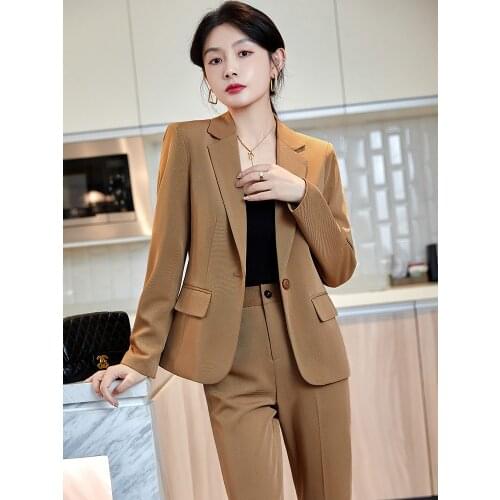 Autumn Winter Long Sleeve Pink Suit Woman Professional Female Slim-fit Single Button Jacket Trousers Two Piece Suit For Women