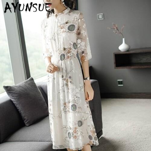 Real Silk Dress Women Spring Summer Dress Korean Vintage Print Beach Dress Elegant Party Dress Woman Vestidos Mujer 72247 YY2757