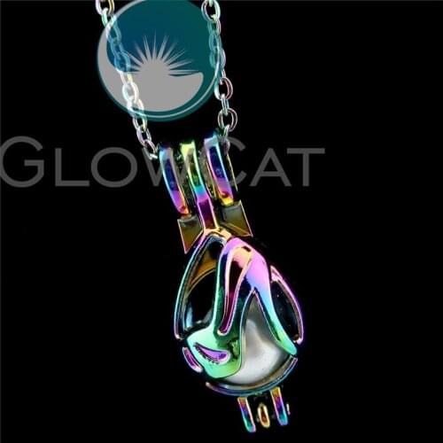R-C608 Rainbow Colors Tear Drop High Heels Beads Cage Pendant Perfume Diffuser Aromatherapy Pearl Cage Locket Necklace