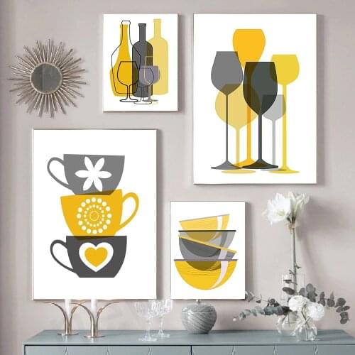 Rice Bowl Cup Wine Glass Canvas Paintings Abstract Yellow Grey Tableware Posters Prints Wall Art Picture for Living Home Decor