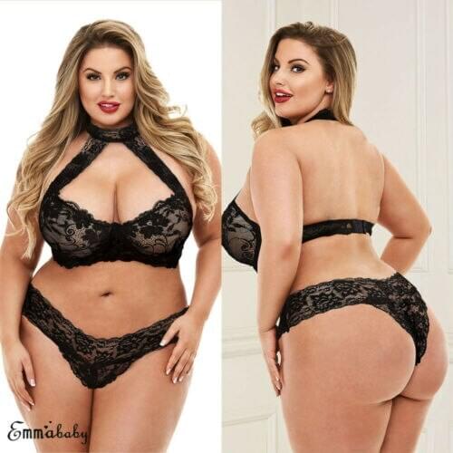 UK Plus Size Sexy Women Underwear Bodydoll Lingeri Set Black Lace Bra and Knicker Lingerie Set Underwear See Through