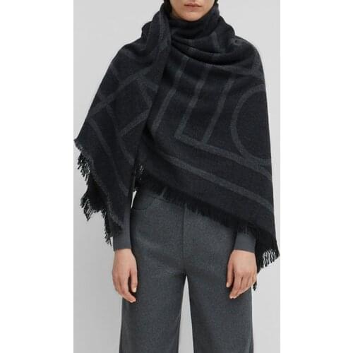 Black Grey Wool Blend Scarf Big Pashmina geometric PRINT fringed Large shawl warm Woman 2019
