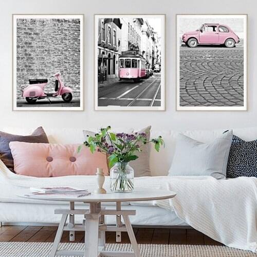 Modern City Landscape Pink Car Bus Posters And Prints Canvas Printings Wall Art Pictures Living Room Home Decorations Unframed
