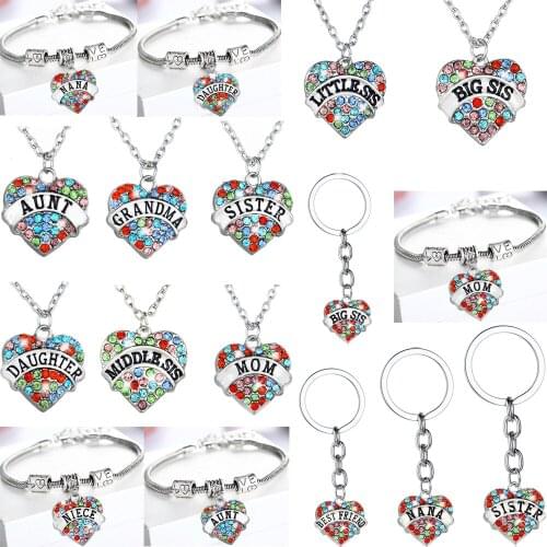 Rhinestone Multicolored Love Heart Pendant Necklace Bracelet Crystal Family Best Friend Keyring Sister Mother Daughter Nana Gift