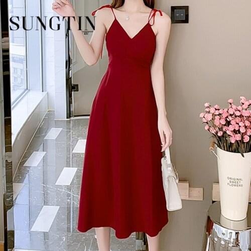 Sungtin Sexy Backless Spaghetti Strap Party Dresses for Women Red V Neck Belt Cross Long Dress A Line Solid Empire Vestido Beach