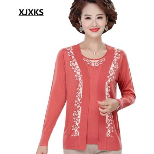 XJXKS Fashion printed women sweater two-piece set 2021 autumn new fashion wool knitted long-sleeved cardigan + short-sleeved top