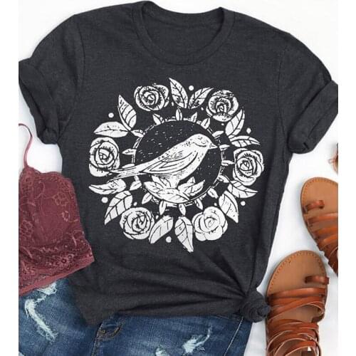 Floral Bird T-shirt Trendy Women Graphic Boho Nature Tee Shirt Top Summer Short Sleeve Stay Wild Free Bird Tshirt Camiseta