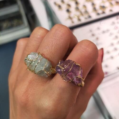 Natural Stone Irregular Wire Wrap Women Rings Healing Purple Crystal Fluorite Gold-color Resizable Fashion Finger Ring