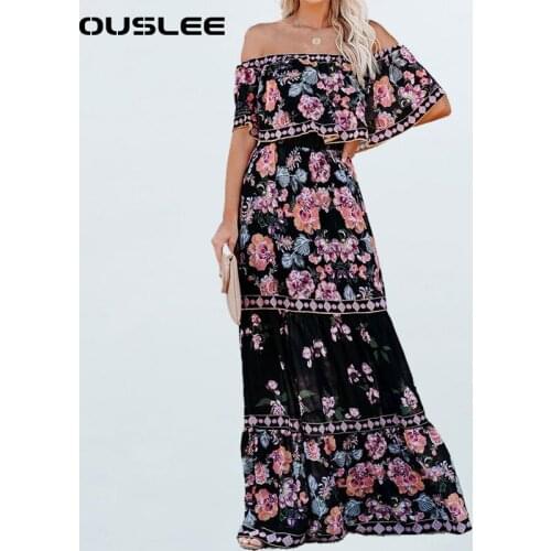 Ouslee Women Clothing Summer Flat Collar Sexy Fashion Short Sleeve Party Vacation Beach Elegant Casual Floral Dress Ladies