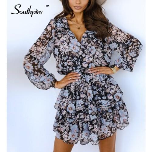 Southpire Womens Chiffon V Neck Blue Flower Print Dress Casual Long Sleeve Short Dress Female Leisure A Line Party Clothes 2021