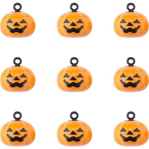 10pcs Baking Painted Brass Bell Pendants Halloween Pumpkin Shape Smile Face Charms for DIY Jewelry Craft Making Decoration