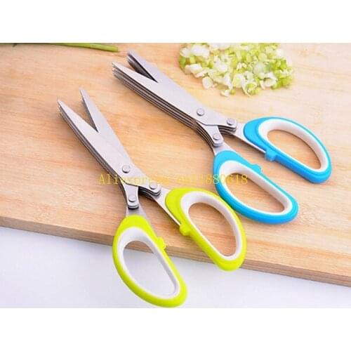 50pcs/lot Free Shipping Stainless Steel Kitchen Knives 5 Layers Scissors Sushi Shredded Scallion Cut Herb Spices Scissors