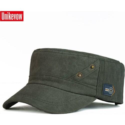 UNIKEVOW 100% Cotton Army Cap 2 bottons Flat top Hat for men Military cap outdoor hat sport cap