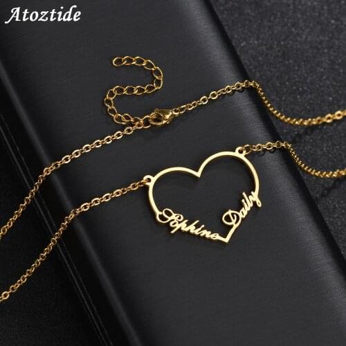 Atoztide 2020 New Customized Fashion Stainless Steel Name 2 Name Heart Necklace Letter Gold Choker Necklace Pendant Nameplate Gi