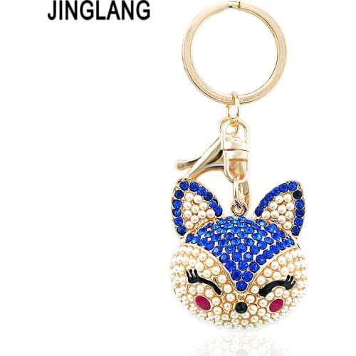 JINGLANG Gold Color Lobster Clasp Keyring Crystal Pearl Fox Animal Charms Keychains For Women Handbag Jewelry