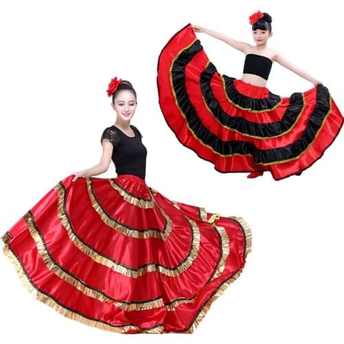 Adult Kids Female Spanish Flamenco Skirt Women Gypsy Girls Belly Dancing Costumes Kids Red Black Striped Big Swing Dress