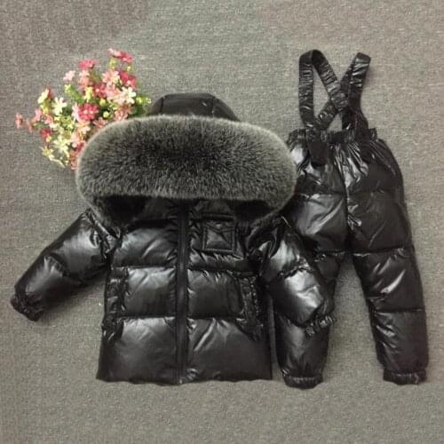 2-7y Children Winter Warm Snowsuit Big Nature Fur Thick Clothes Boys Winter Waterproof Outwear 2 Piece Set Girl Down Jacket Coat