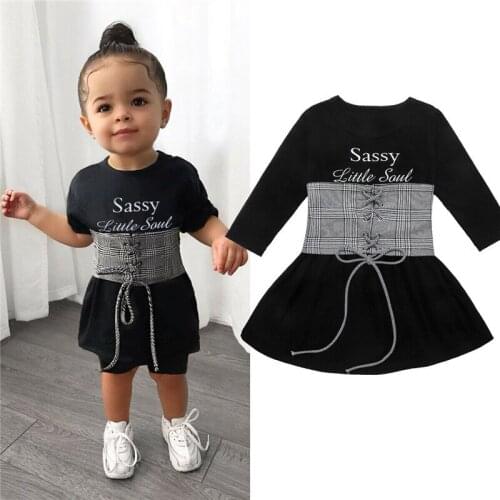 Free shipping Kids Baby Girls dress round neck letter print Long Sleeve Dresses plaid Lace Up Belt 2pc newborn Toddler outfits