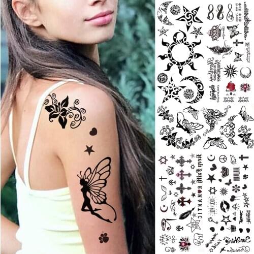 Eif Elves Temporary Tattoos For Kids Child Women Men Small Fake Sun Star Tribal Tattoo Sticker Infinity Feather Black Tatoo Face