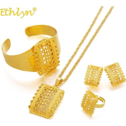 Ethlyn Jewelry New Ethiopian Gold Color Sets Pendant Necklaces Earrings Bangle Ring Habesha Jewelry Eritrean Wedding Gifts S195