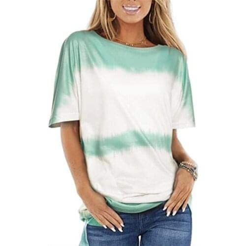 Summer New Loose Round Neck Short Sleeve Printed T-shirt Vintage Tie-dyed Stripe Top Lady Commute Pullover Women Clothing