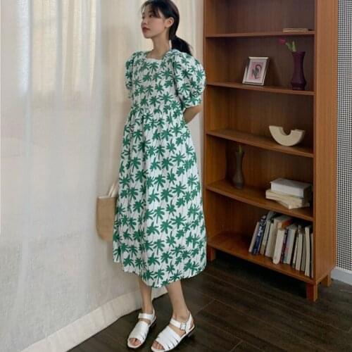 Fashion Print woman dress V Neck High Waist Casual holiday dresses for women Puff Sleeves Loose Fit long vestidos 2021