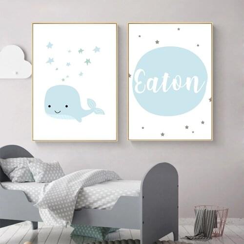 Blue Star Whale Wall Art Painting Boys Custom Name Canvas Poster Nursery Print Child Nordic Wall Pictures Baby Kids Room Decor