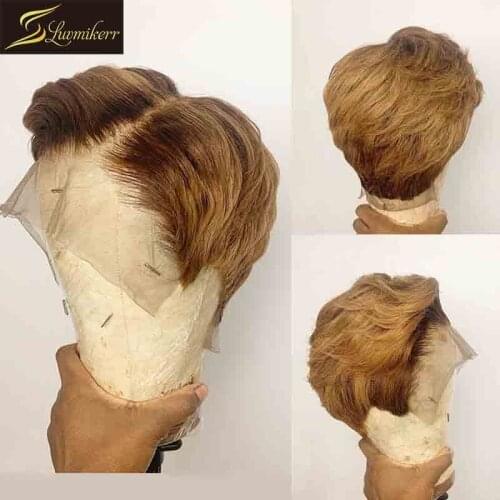 Pixie Short Cut Human Hair Bob Wig Full 4X4 Closure Colored 27 Honey Blonde Straight Lace Front Wig For Black Women Preplucked