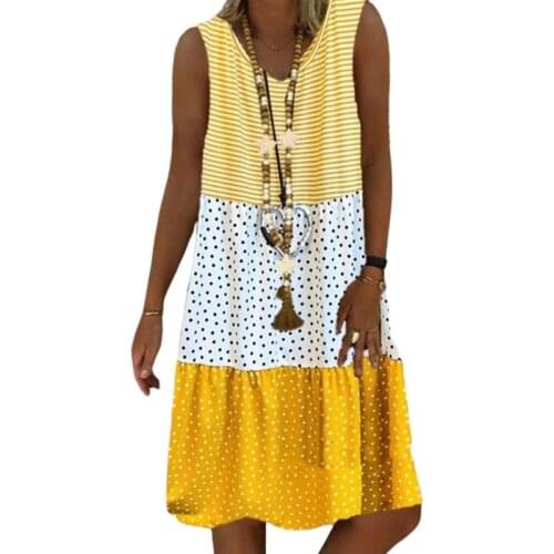 50JB Women Plus Size Summer Sleeveless V-Neck Loose Midi Long Tank Dress Stripes Polka Dot Triple Color Block Patchwork Beach