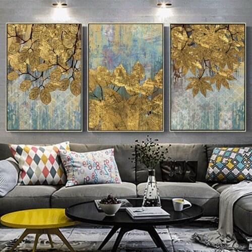 Full Contemporary Art Golden Tree Leaf diamond embroidery 3 Piece 5d diy handcraft diamond painting mosaic set Triptych,N941