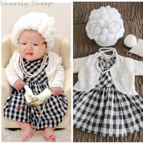 Newborn Girl Photography Props Clothes Infant Kids Baby Photo Shoot Cosplay Grandma Hair+Dress+Glasses+Necklace Outfits Costume