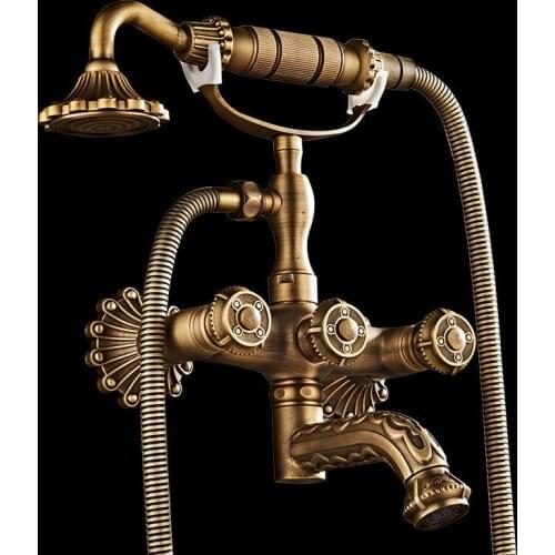Bathroom Bathtub Faucets Antique Brass Carved Bath Shower Faucets In-Wall Hot & Cold Mixer Crane Taps With Handheld Shower