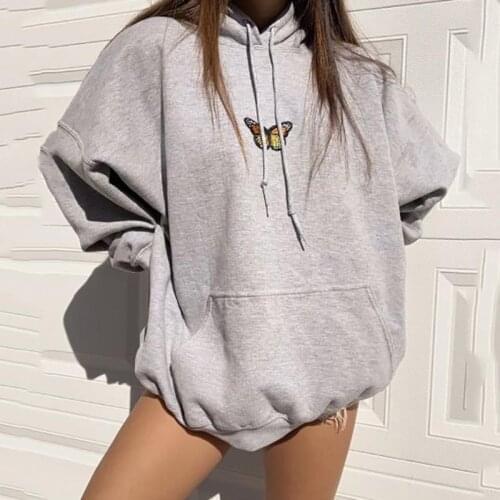 Butterfly Pattern Sport Casual Gray Hoodies Women Fashion Long Sleeve Loose Pullover Pocket Holiday Hip Hop Sweatshirt Outerwear